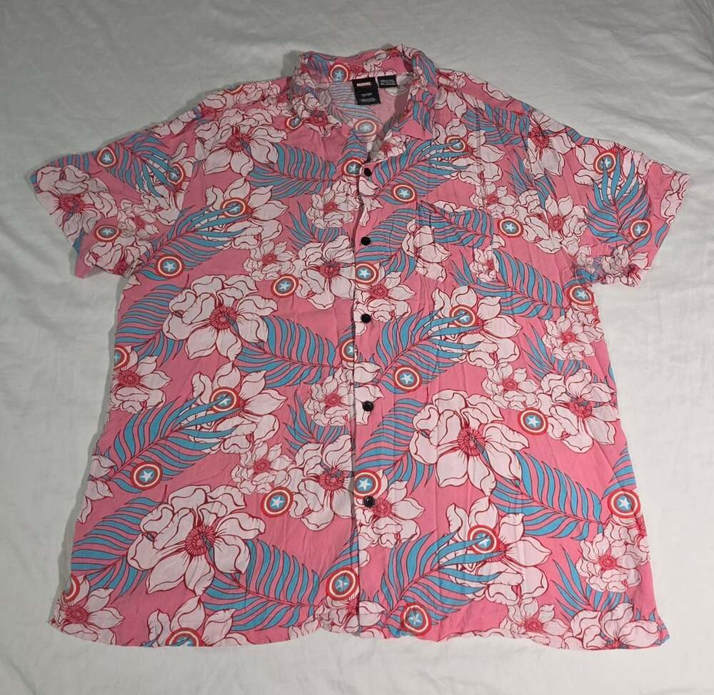 Marvel Captain America Hawaiian Shirt Size 3XL Pink Floral Aloha Camp - Picture 2 of 6